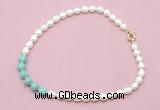 CFN421 9 - 10mm rice white freshwater pearl & amazonite necklace