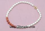 CFN424 9 - 10mm rice white freshwater pearl & fire agate necklace wholesale