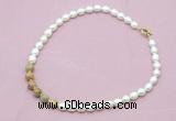 CFN425 9 - 10mm rice white freshwater pearl & yellow crazy lace agate necklace