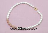 CFN436 9 - 10mm rice white freshwater pearl & moonstone gemstone necklace