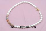 CFN437 9 - 10mm rice white freshwater pearl & rainbow moonstone necklace