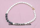 CFN439 9 - 10mm rice white freshwater pearl & snowflake obsidian necklace