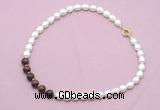 CFN440 9 - 10mm rice white freshwater pearl & mahogany obsidian necklace