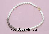 CFN443 9 - 10mm rice white freshwater pearl & grey agate gemstone necklace