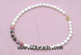 CFN445 9 - 10mm rice white freshwater pearl & rhodonite gemstone necklace