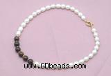 CFN446 9 - 10mm rice white freshwater pearl & bronzite gemstone necklace