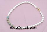 CFN457 9 - 10mm rice white freshwater pearl & serpentine jasper necklace