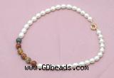 CFN460 9 - 10mm rice white freshwater pearl & picasso jasper necklace