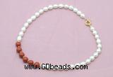 CFN461 9 - 10mm rice white freshwater pearl & red jasper gemstone necklace