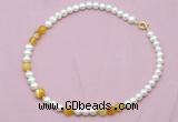 CFN522 9mm - 10mm potato white freshwater pearl & yellow banded agate necklace