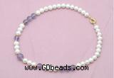 CFN532 9mm - 10mm potato white freshwater pearl & amethyst gemstone necklace