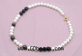 CFN538 9mm - 10mm potato white freshwater pearl & golden obsidian necklace