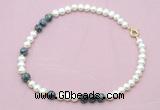 CFN539 9mm - 10mm potato white freshwater pearl & snowflake obsidian necklace