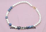 CFN550 9mm - 10mm potato white freshwater pearl & blue spot stone necklace