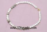 CFN552 9mm - 10mm potato white freshwater pearl & feldspar necklace