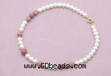 CFN553 9mm - 10mm potato white freshwater pearl & pink wooden jasper necklace