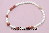 CFN561 9mm - 10mm potato white freshwater pearl & red jasper necklace