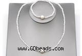 CFN601 4mm faceted round white moonstone & potato white freshwater pearl jewelry set