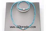 CFN617 4mm faceted round turquoise & potato white freshwater pearl jewelry set