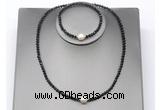 CFN627 4mm faceted round black spinel & potato white freshwater pearl jewelry set