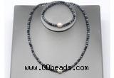 CFN629 4mm faceted round snowflake obsidian & potato white freshwater pearl jewelry set