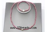 CFN642 4mm faceted round pink wooden jasper & potato white freshwater pearl jewelry set