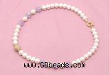 CFN709 9mm - 10mm potato white freshwater pearl & lavender amethyst necklace