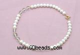 CFN710 9mm - 10mm potato white freshwater pearl & white crystal necklace