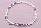 CFN712 9mm - 10mm potato white freshwater pearl & amethyst necklace