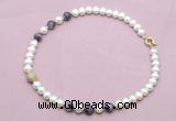 CFN713 9mm - 10mm potato white freshwater pearl & dogtooth amethyst necklace