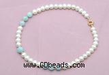 CFN716 9mm - 10mm potato white freshwater pearl & aquamarine necklace