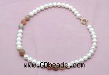 CFN719 9mm - 10mm potato white freshwater pearl & rainbow moonstone necklace