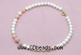 CFN721 9mm - 10mm potato white freshwater pearl & pink opal necklace