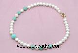 CFN722 9mm - 10mm potato white freshwater pearl & amazonite necklace