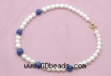 CFN724 9mm - 10mm potato white freshwater pearl & lapis lazuli necklace