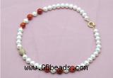 CFN731 9mm - 10mm potato white freshwater pearl & red banded agate necklace