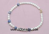 CFN742 9mm - 10mm potato white freshwater pearl & blue spot stone necklace