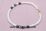 CFN750 9mm - 10mm potato white freshwater pearl & snowflake obsidian necklace