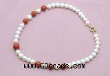 CFN755 9mm - 10mm potato white freshwater pearl & red jasper necklace