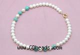 CFN762 9mm - 10mm potato white freshwater pearl & blue sea sediment jasper necklace