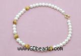 CFN765 9mm - 10mm potato white freshwater pearl & golden tiger eye necklace