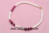 CFN767 9mm - 10mm potato white freshwater pearl & red tiger eye necklace