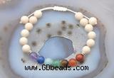 CGB6446 8mm round matte white fossil jasper 7 chakra beads adjustable bracelets