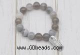 CGB6848 10mm, 12mm grey banded agate beaded bracelet with alloy pendant