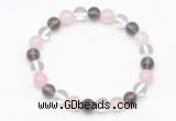 CGB8001 8mm white crystal, rose quartz & smoky quartz beaded stretchy bracelets