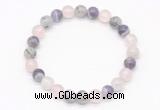 CGB8003 8mm black rutilated quartz, dogtooth amethyst & rose quartz beaded stretchy bracelets