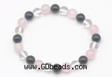 CGB8004 8mm black agate, white crystal & rose quartz beaded stretchy bracelets