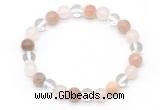 CGB8008 8mm white crystal, rose quartz & sunstone beaded stretchy bracelets