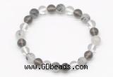 CGB8018 8mm white crystal, black rutilated quartz & smoky quartz beaded stretchy bracelets