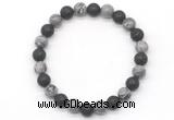 CGB8075 8mm grey picture jasper & black lava beaded stretchy bracelets